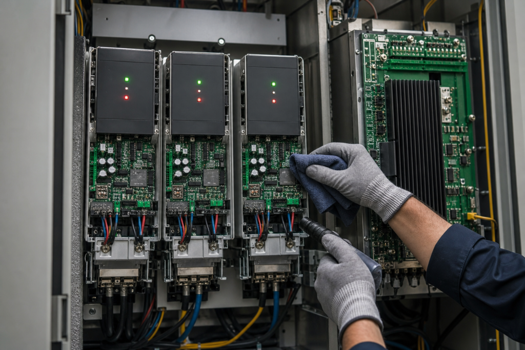 Variable frequency drive panel being inspected and cleaned during summer shutdown maintenance