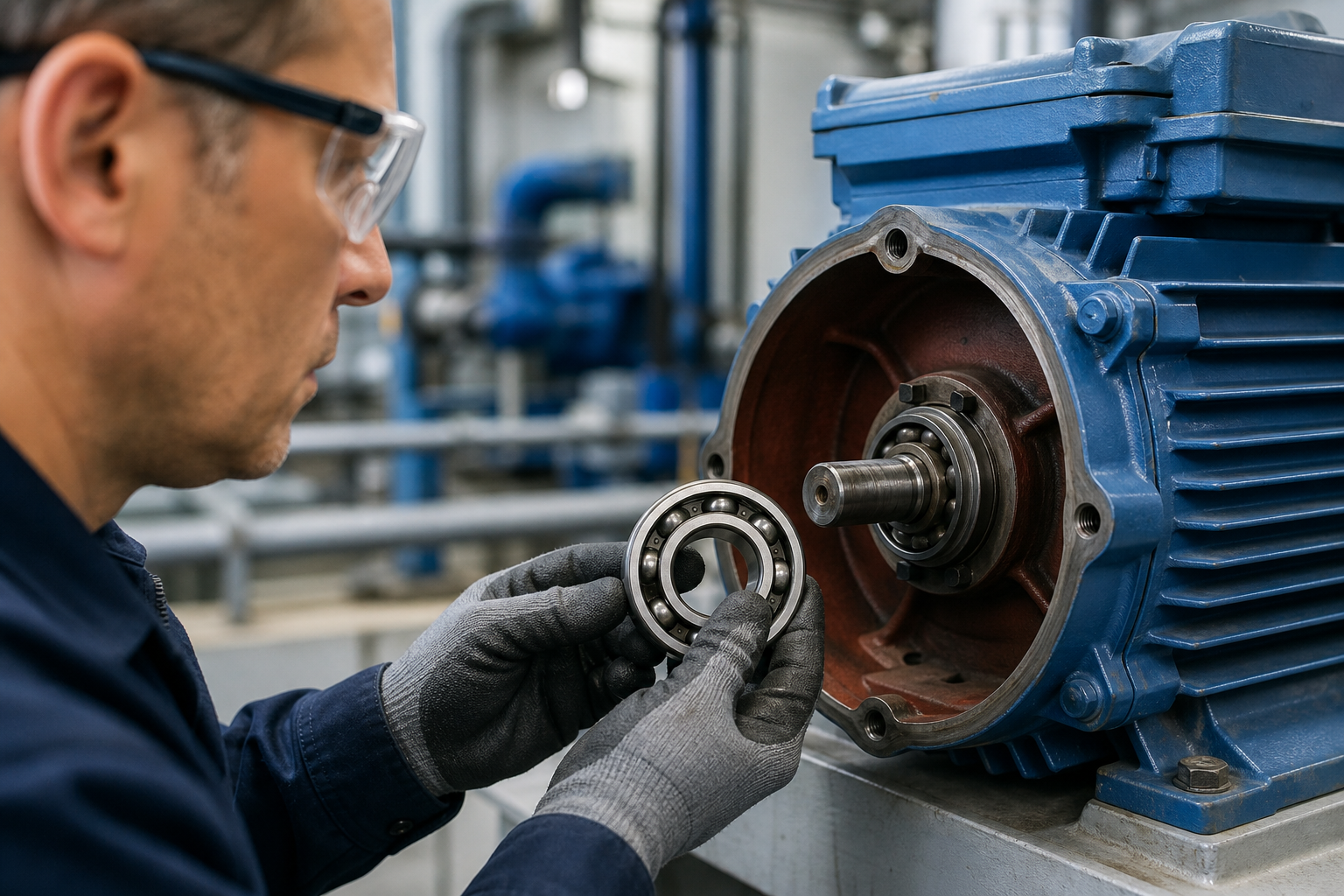 Maintenance technician inspecting electric motor bearings in industrial facility