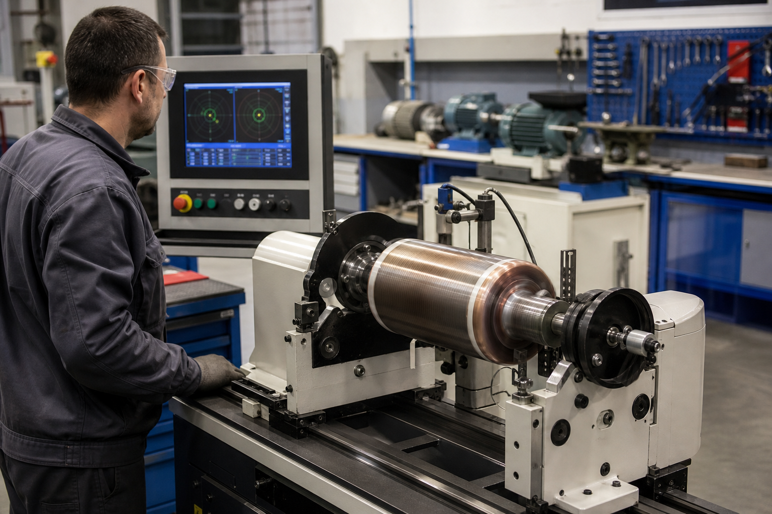 Technician monitoring electric motor rotor on a precision dynamic balancing machine in repair shop