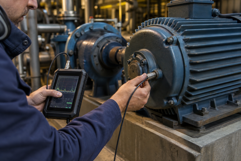 Maintenance technician using handheld vibration analyzer on industrial electric motor bearing housing