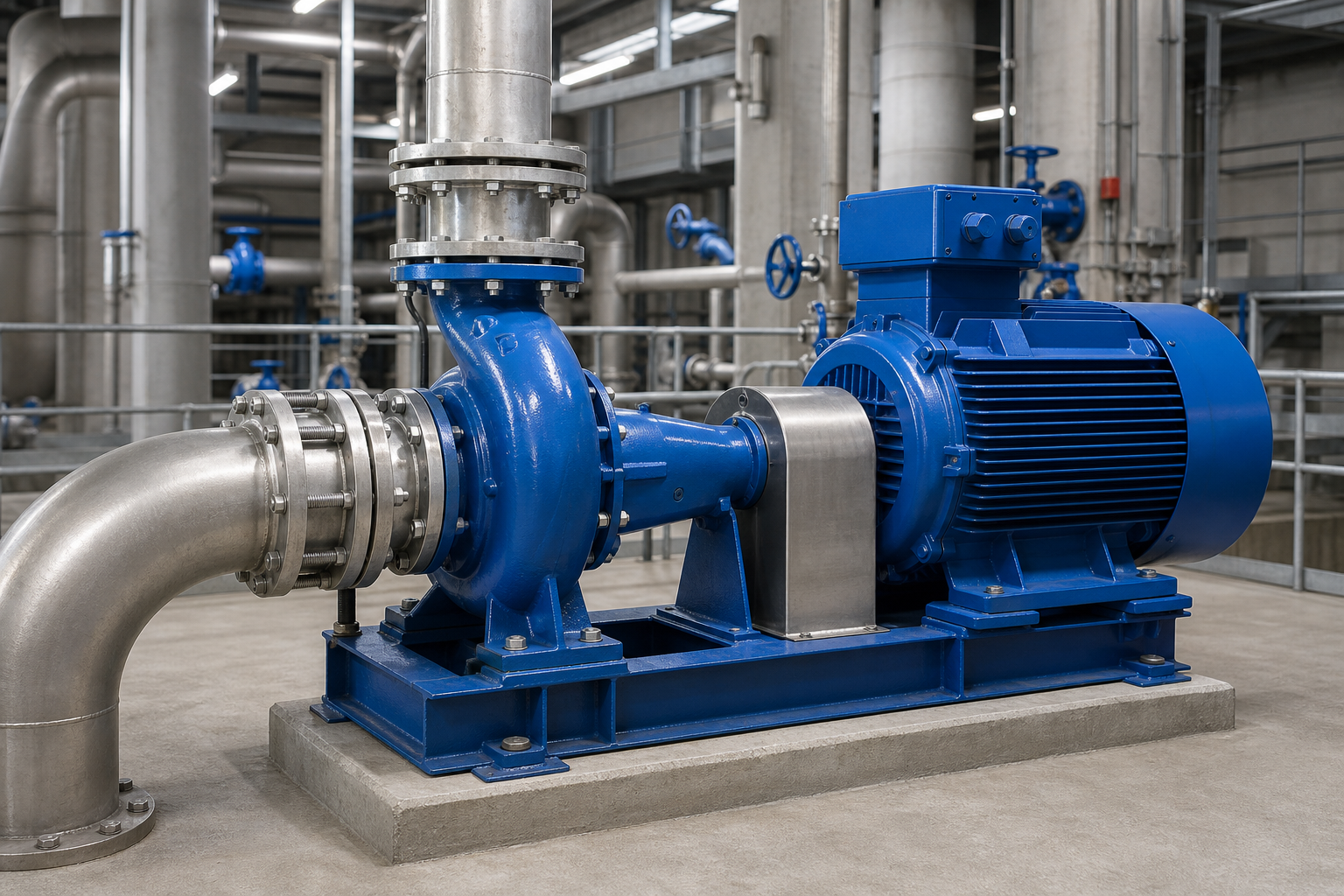 Large centrifugal pump with electric motor assembly inside a water treatment facility