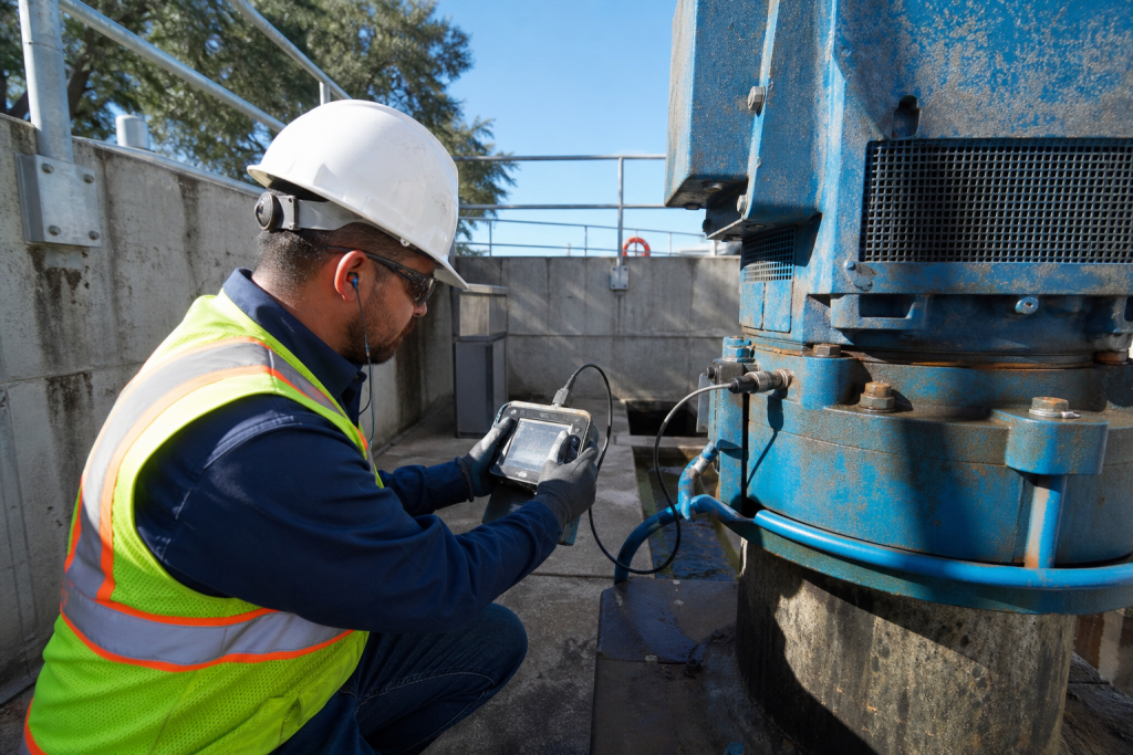 Field service technician performing on-site vibration analysis on vertical turbine pump at pump station