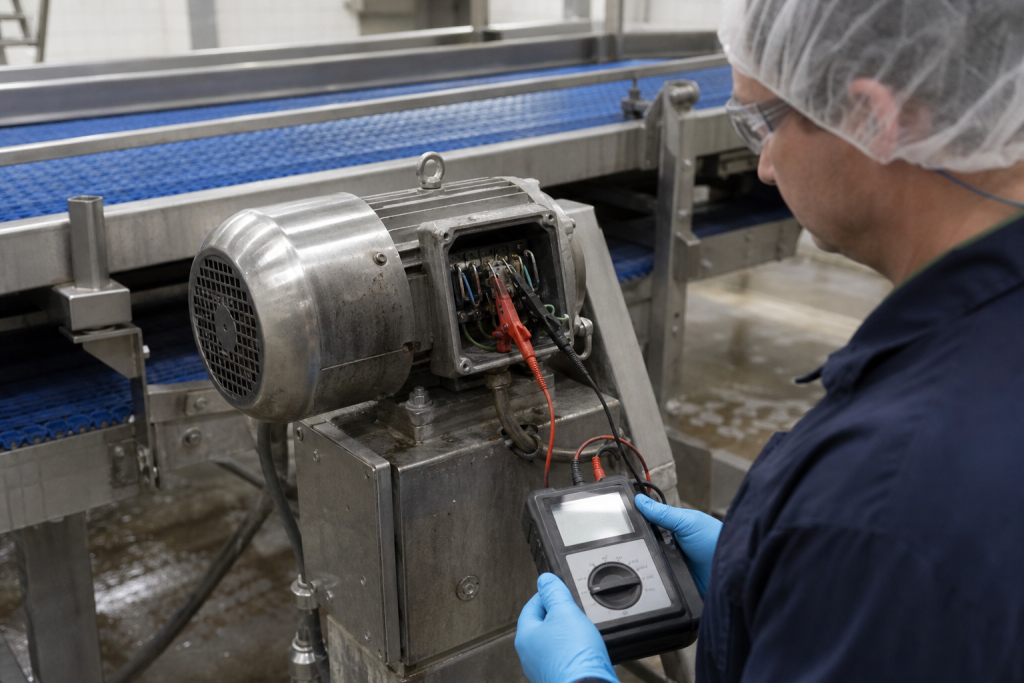 Technician performing insulation resistance testing on a washdown-rated electric motor