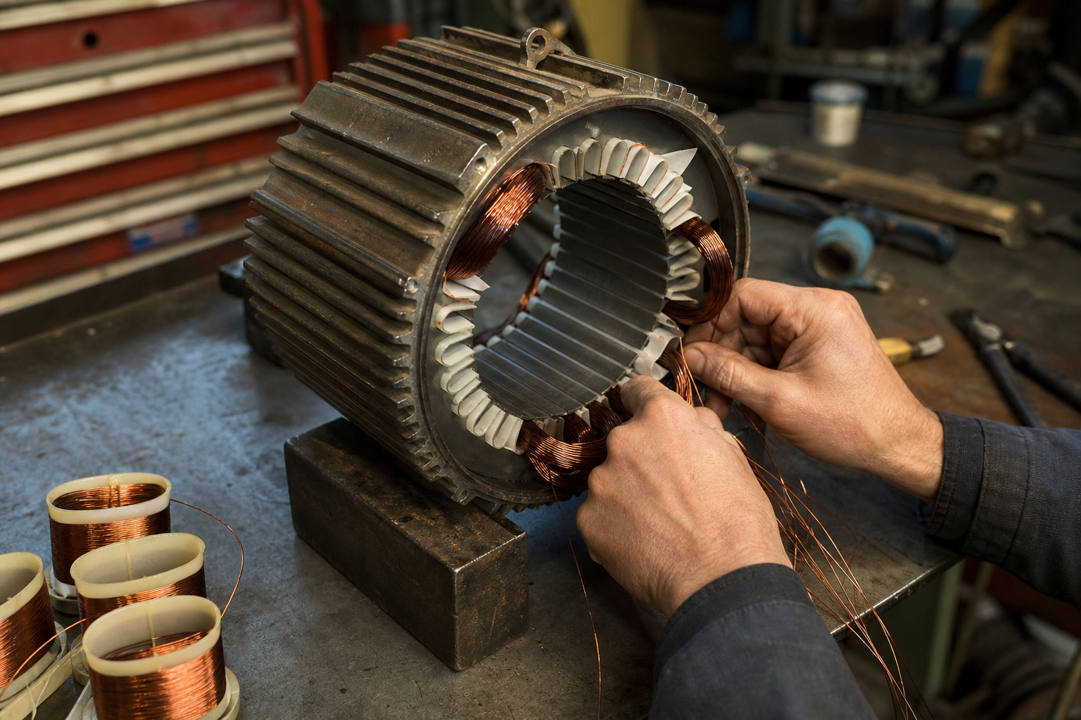 Motor rewinding bench with copper coils being wound onto a stator