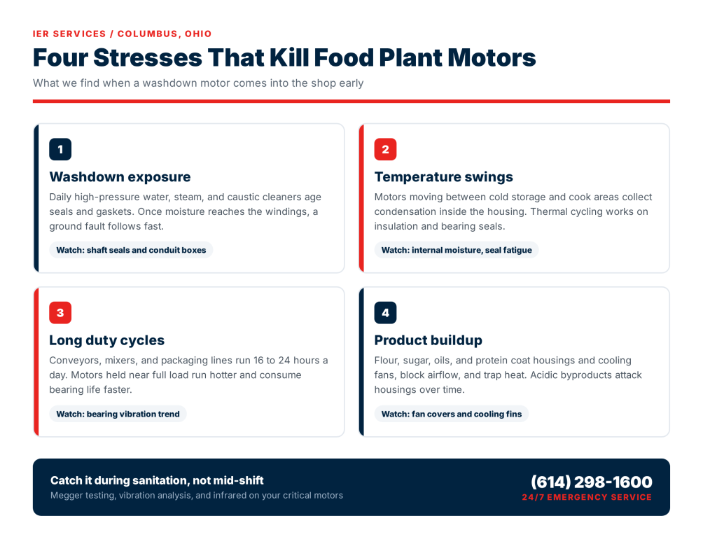 Infographic showing the four stresses that cause electric motor failure in food plants: washdown exposure, temperature swings, long duty cycles, and product buildup.