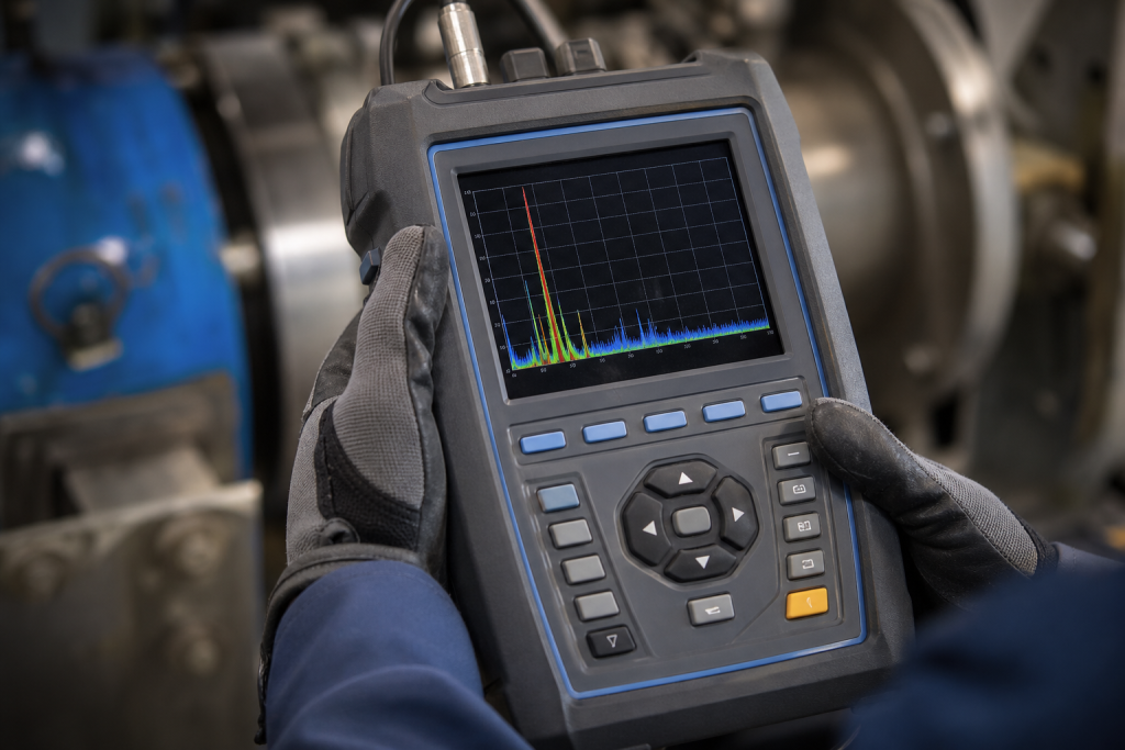 Portable vibration analyzer showing frequency spectrum data during electric motor testing