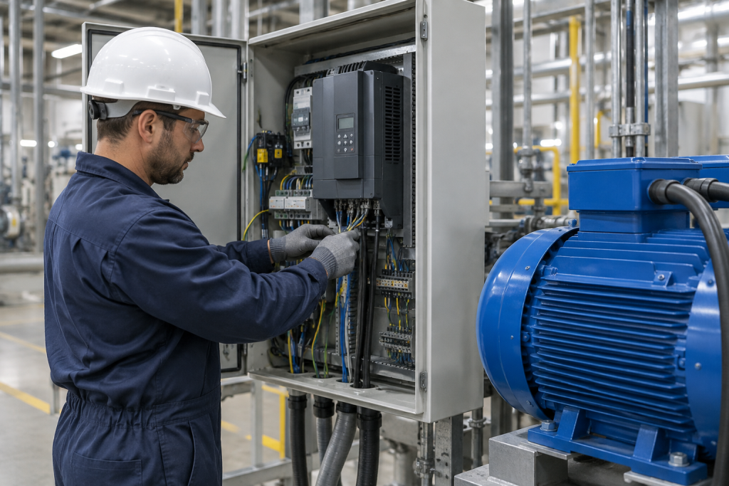 Technician installing a variable frequency drive on an industrial electric motor in a Columbus Ohio manufacturing facility