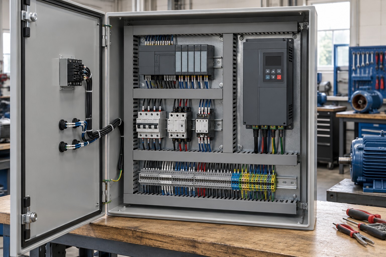 Electrical control panel fabrication stages from scope and layout to shop testing and installation